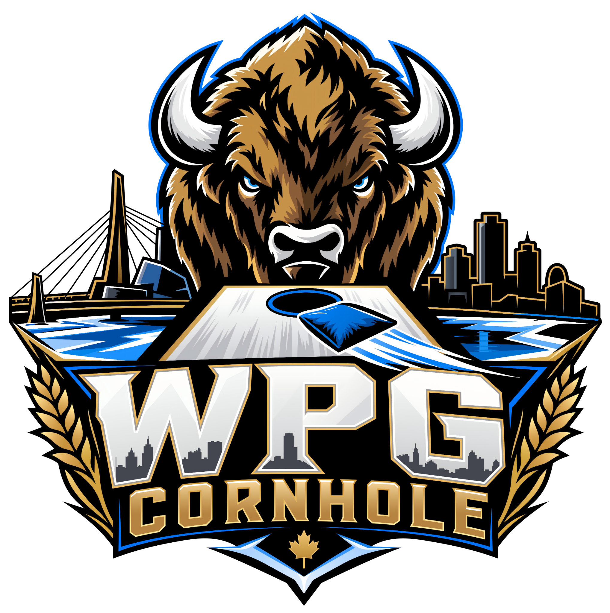 Official WPG Cornhole logo featuring a bison, Winnipeg skyline and cornhole board